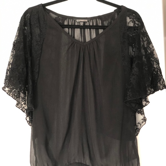 Express Tops - Express Sheer Lace Sleeve Blouse